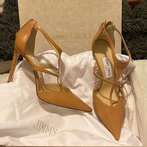 NWT Jimmy Choo Saoni Heels Pointed Toe Nude leather ankle strap
